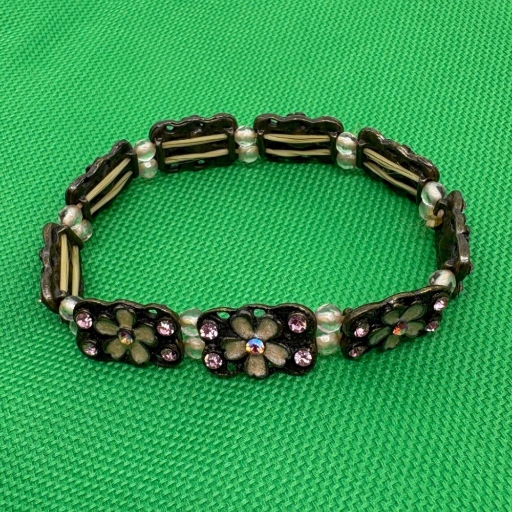 Pretty Hippie Flower Bracelet Pink‎ Rhinestone Stretch Costume Jewelry